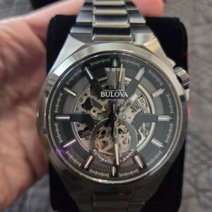 Bulova Silver and Black Automatic 46mm Watch With Box